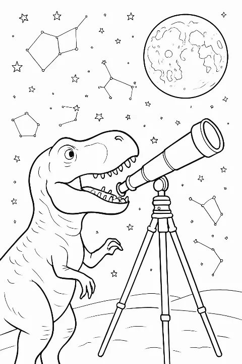 A detailed dinosaur stargazer coloring page featuring a T-Rex looking through a telescope at the night sky.