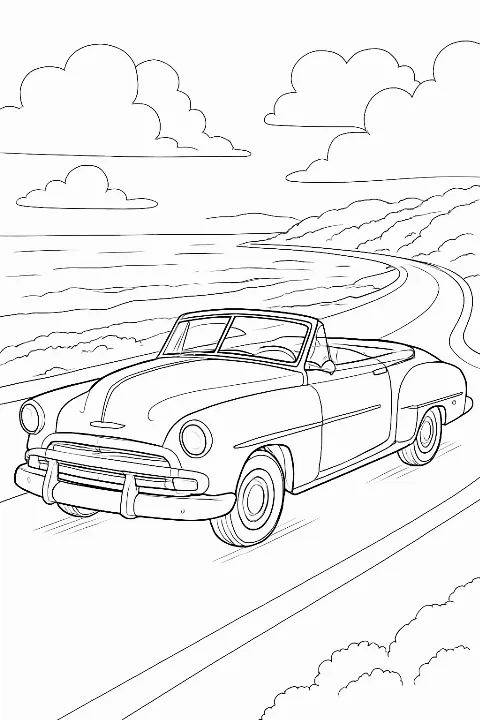A detailed vintage car coloring page showing a convertible driving along a scenic coastal road.
