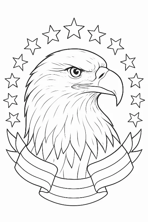 A detailed patriotic eagle coloring page featuring a wreath of stars and stripes for independence day.