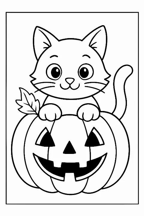 A cute black cat sitting inside a carved pumpkin on this easy black cat coloring page.