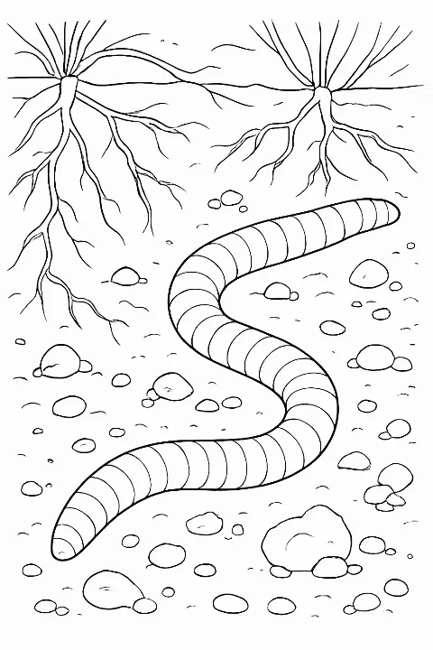 Detailed earthworm coloring page featuring a realistic worm in garden soil.
