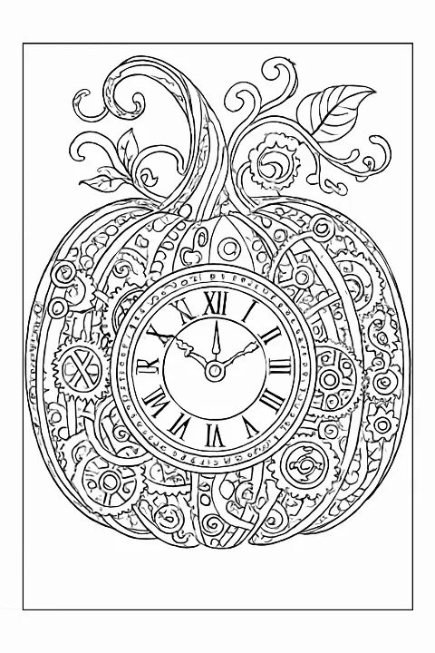 Highly detailed steampunk pumpkin coloring page with clockwork gears and intricate patterns.