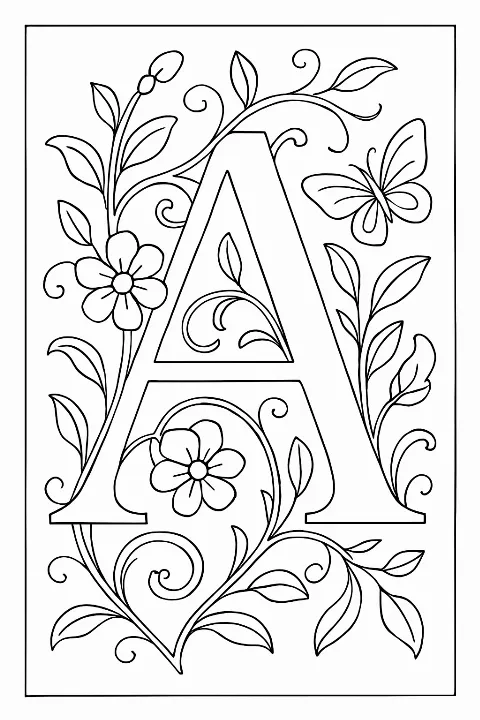 Detailed letter A surrounded by flowers and butterflies in this alphabet nature coloring page.