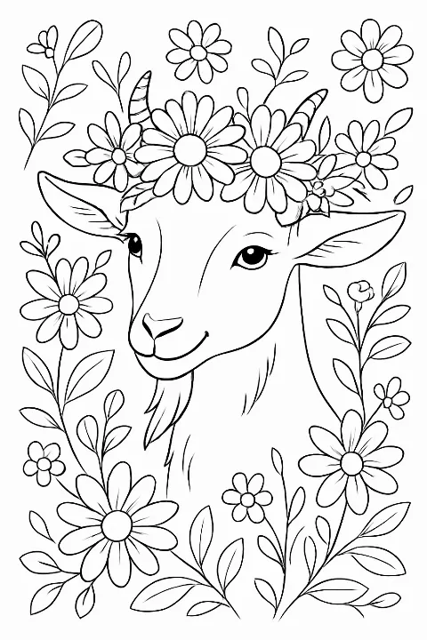 A cute goat with a flower crown in a whimsical style, perfect as a goat with flower crown coloring page.