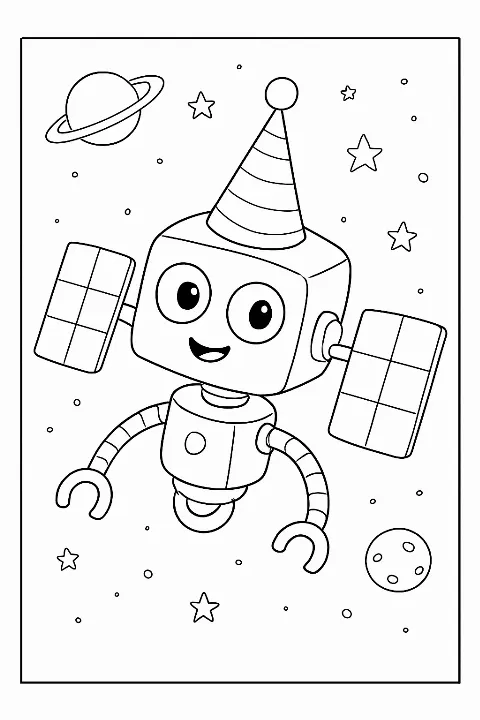 A cute satellite robot wearing a party hat in this fun satellite robot coloring page.