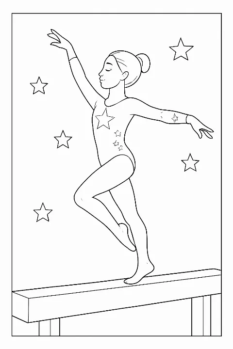 A detailed gymnastics coloring page featuring a young athlete performing a routine on a balance beam.