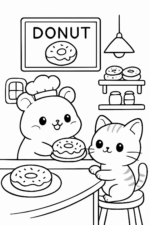 Kawaii donut cafe coloring page featuring a cute hamster chef serving donuts to a kitten.