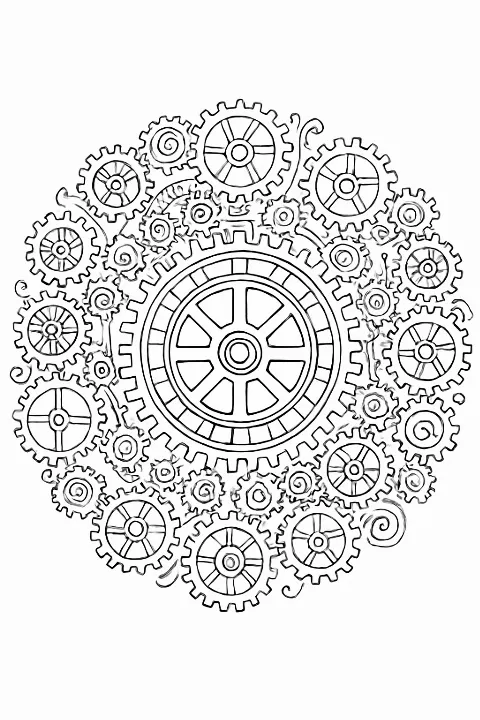 A detailed steampunk gear mandala coloring page featuring interlocking mechanical cogs and circular patterns.