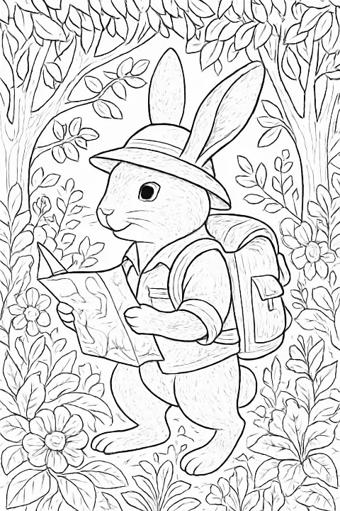 Intricate rabbit explorer coloring page featuring a bunny with a backpack in a patterned forest setting.