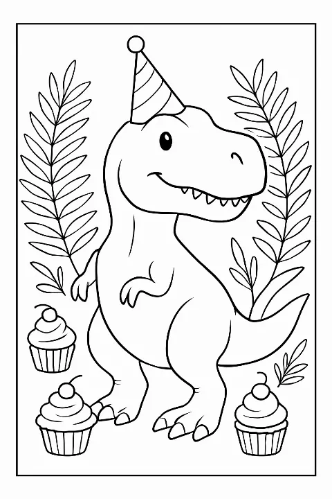 A playful T-Rex wearing a party hat featured on a T-Rex dinosaur coloring page with floral elements.