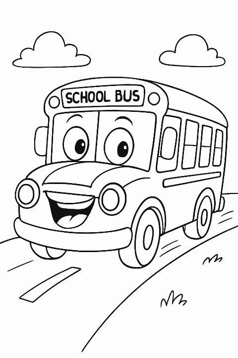 A cartoon school bus with a funny face on a school bus coloring page.