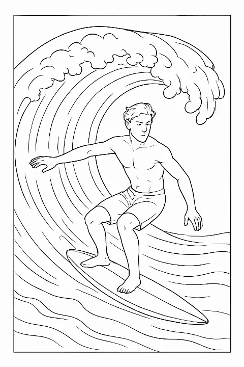 Detailed surfer coloring page featuring an athlete riding a big ocean wave.