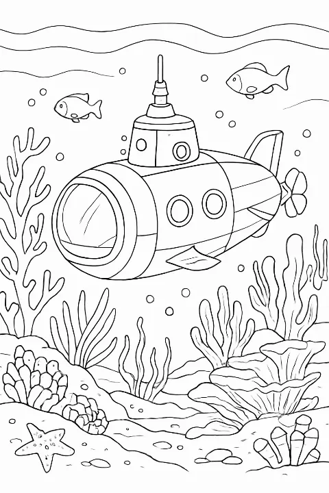 Detailed illustration of a deep sea research submarine coloring page among coral reefs.