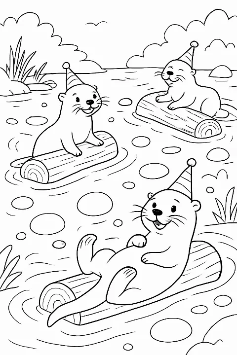 Whimsical otter river coloring page featuring cute otters wearing party hats while floating on logs.