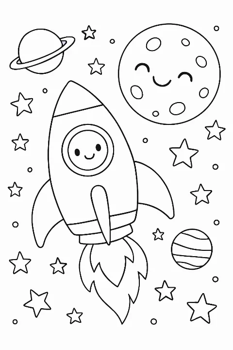 A friendly space rocket surrounded by stars and planets on a printable space rocket coloring page.