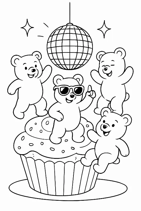 Whimsical gummy bear party scene on a cupcake, perfect gummy bear coloring page for all ages.
