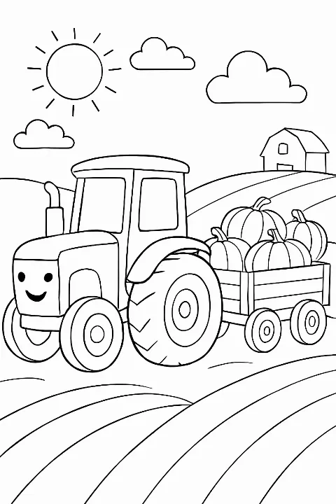 A cute tractor pulling a wagon of pumpkins in this tractor harvest coloring page.