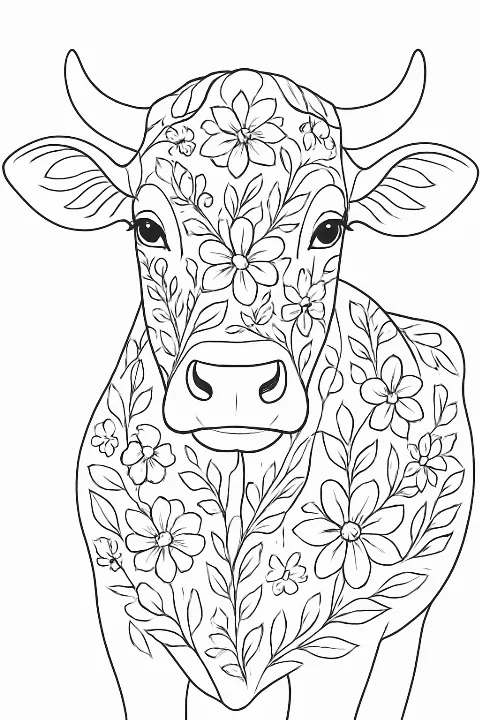 Detailed floral cow coloring page featuring ornate patterns and clean outlines.