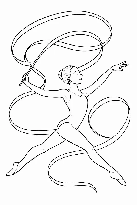 A talented performer in a rhythmic gymnastics coloring page featuring a flowing ribbon design.