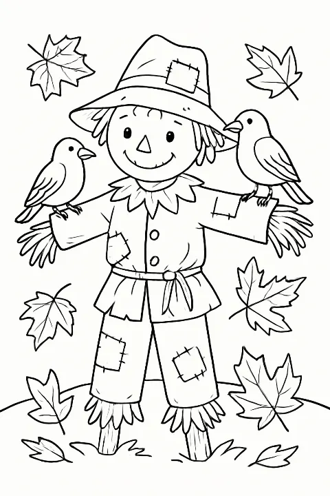 A friendly patchwork scarecrow with crows in a field, featured on a detailed black and white coloring page.