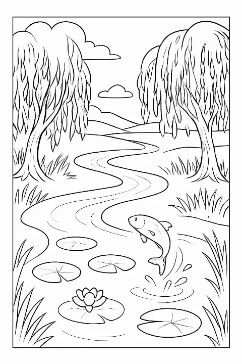 A peaceful winding river coloring page featuring weeping willows and jumping fish in black and white line art.