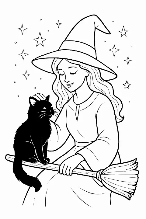 A friendly witch holding a black cat in this detailed witch and black cat coloring page.
