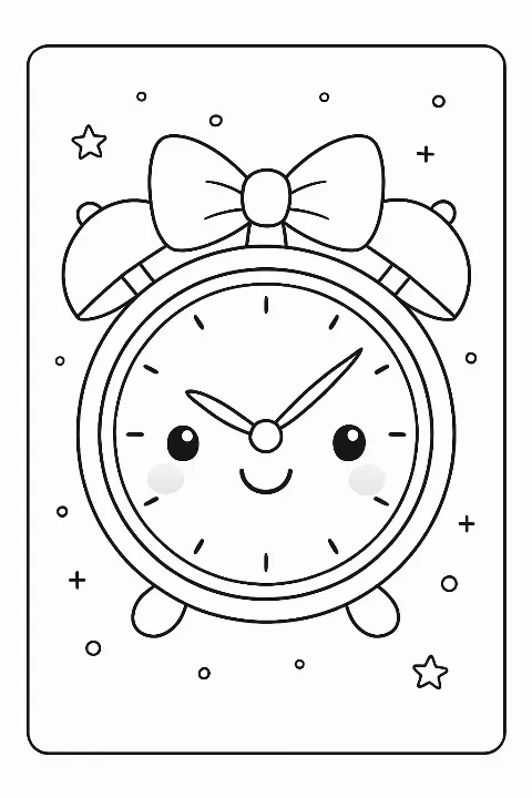 A cheerful, cute alarm clock coloring page with a big smile and simple patterns.
