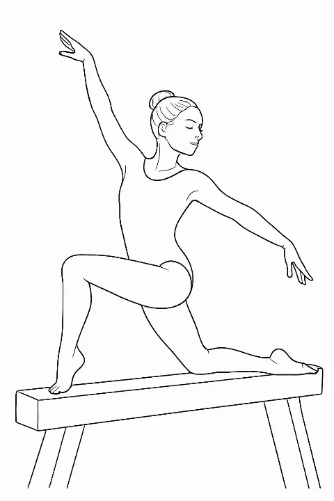 A realistic gymnast performing on a balance beam in a detailed gymnast coloring page.