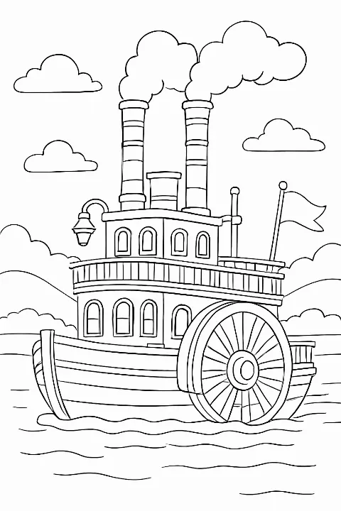 Detailed steamboat coloring page featuring a paddle wheel ship on a river.