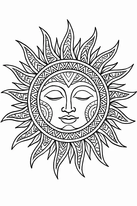 A detailed tribal sun coloring page featuring intricate geometric rays and patterns.