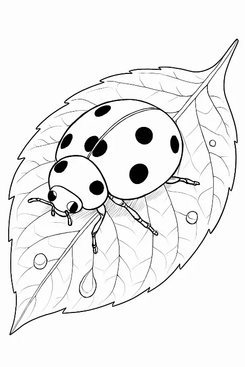 A detailed ladybug on leaf coloring page featuring realistic textures and clean lines.