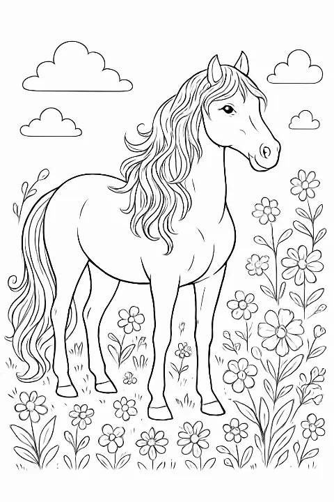 A beautiful horse standing in a flower field on this printable horse coloring page.