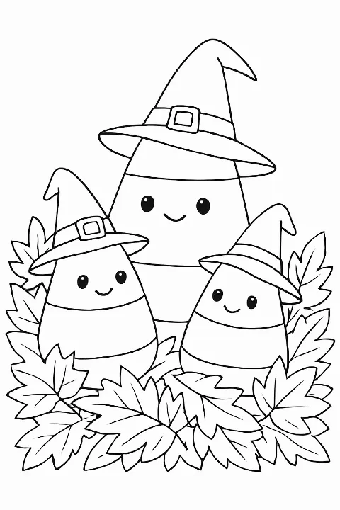 A cute candy corn harvest coloring page featuring smiling treats in autumn leaves.