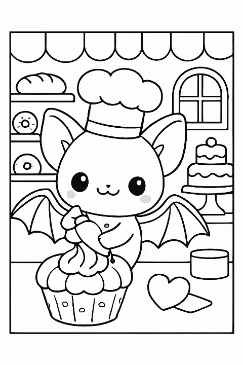 A cute bat wearing a chef hat decorating a cupcake on this kawaii bat bakery coloring page.