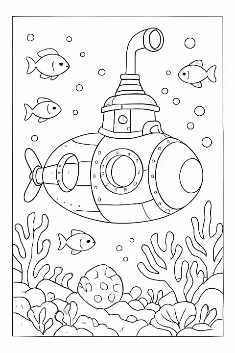 Detailed submarine coloring page featuring a steampunk vessel exploring coral reefs and sea life.