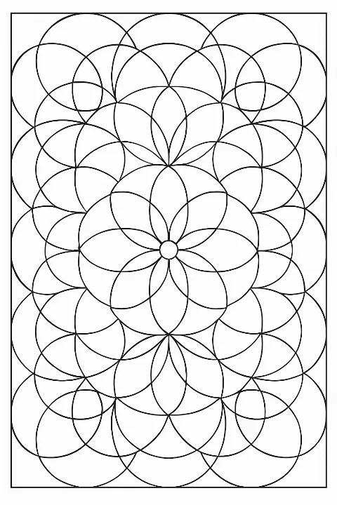 A decorative geometric circle coloring page with bold lines and large artistic sections to color.
