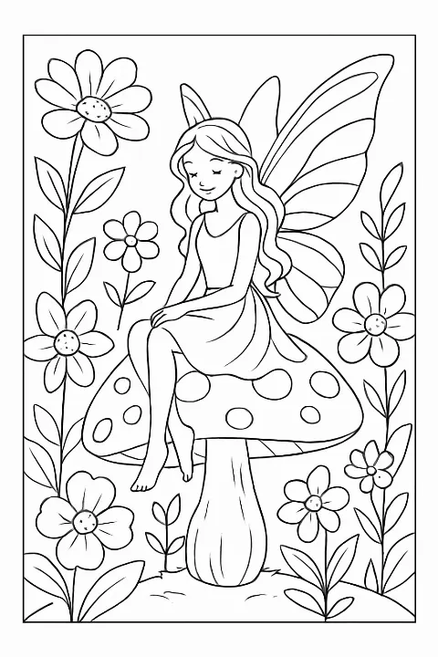 A beautiful fairy sitting on a mushroom in a garden coloring page with crisp black outlines.