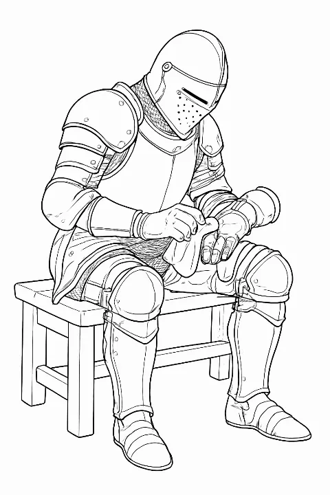 Detailed knight mending armor coloring page featuring a hero polishing his metal gauntlet.