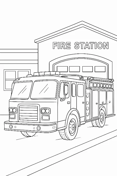 A detailed fire engine truck parked at the station in this printable fire engine coloring page.