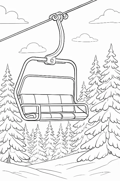 A detailed ski lift coloring page featuring a chair suspended over a pine forest.