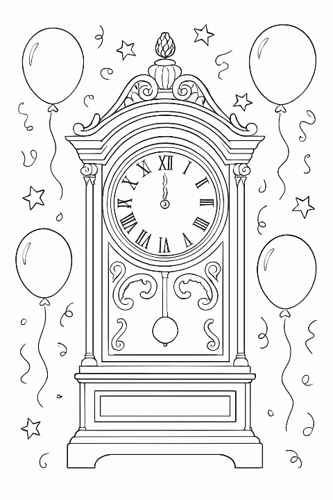 A whimsical new year clock coloring page featuring stars and festive balloons for creative holiday fun.