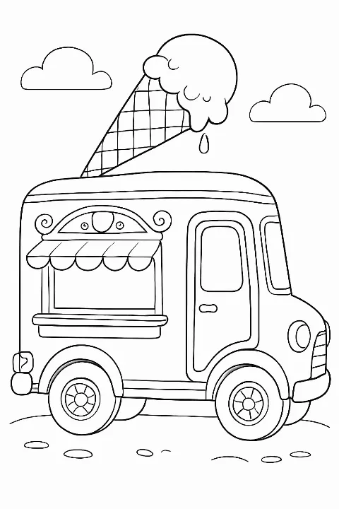A whimsical ice cream truck coloring page with bold outlines and a giant cone topper.