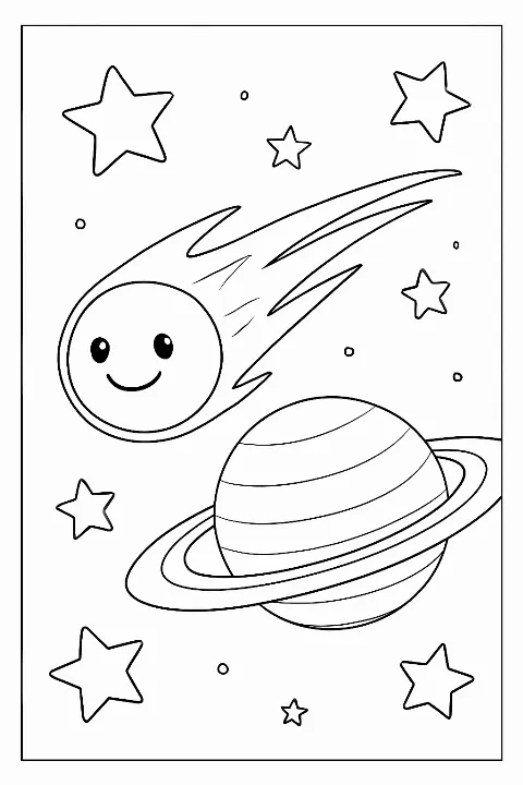 A cute cartoon comet flying through the galaxy in this detailed comet in space coloring page.