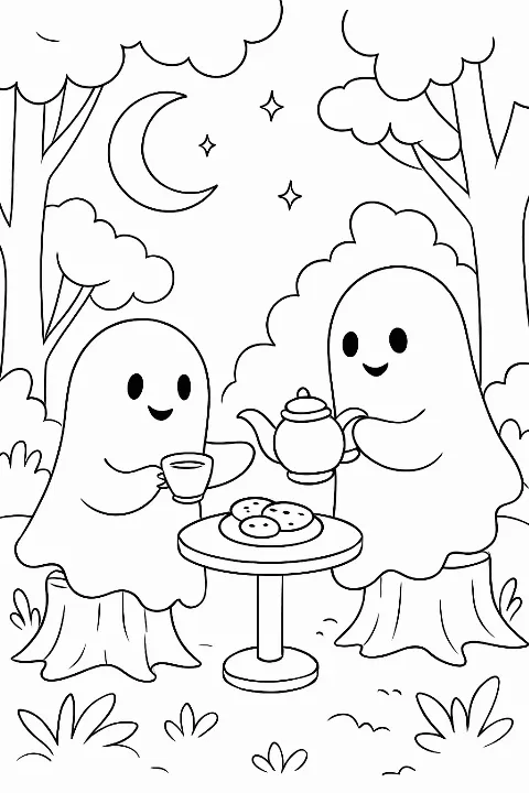Two cute ghosts enjoying tea in a forest on a friendly ghost coloring page.