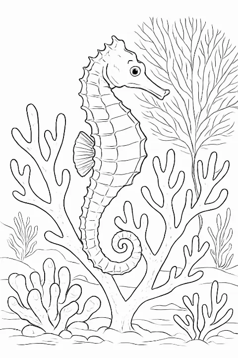 A detailed seahorse swimming near coral for a seahorse coral reef coloring page.