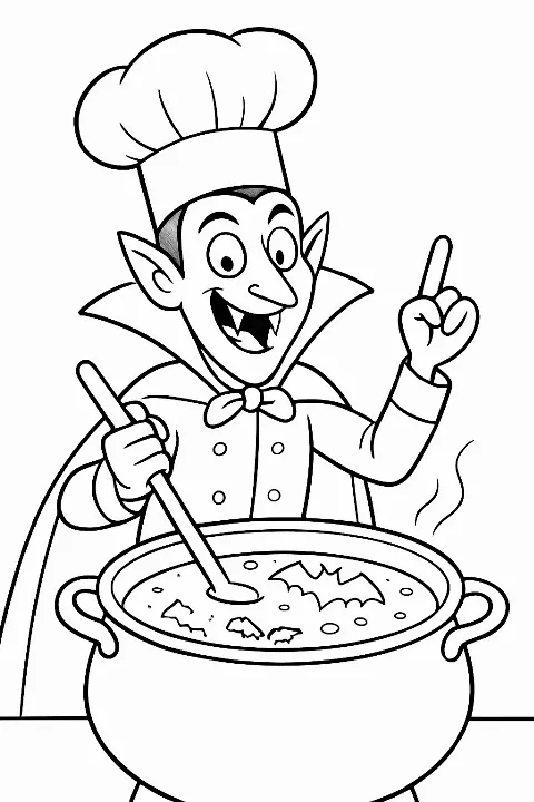 A happy vampire chef cooking a spooky meal on a printable vampire chef coloring page.
