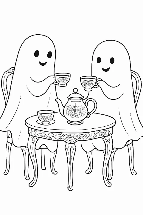 Two friendly ghosts sitting at a table having tea in this detailed ghostly tea party coloring page.