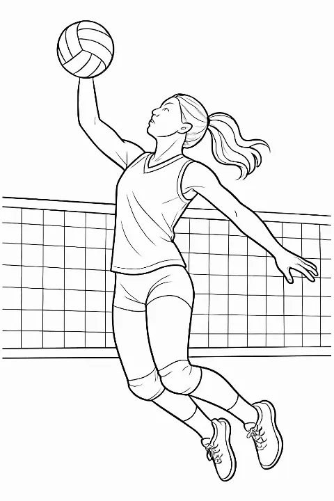 A professional volleyball player jumping to spike the ball in this detailed volleyball spike coloring page.