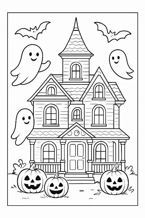 A whimsical haunted house coloring page with friendly ghosts and pumpkins.