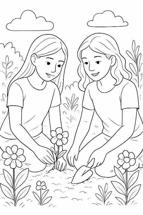 Two best friends planting flowers in a sunny garden, featured on a friends gardening coloring page.
